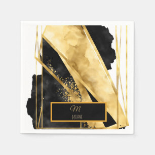 Serviette En Papier Élégant Luxueux Monogramme Noir Doré Glamour Moder