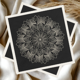 Serviette En Papier Élégant Mandala Boho Chic Mariage noir indien