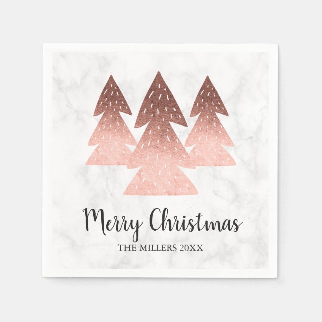 Serviette En Papier Élégant marbre d'or rose Joyeux sapin de Noël (Devant)
