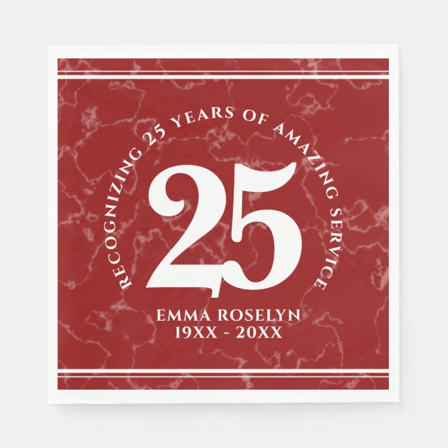 Serviette En Papier Élégant Marbre Rouge 25 Anniversaire du Travail (Devant)