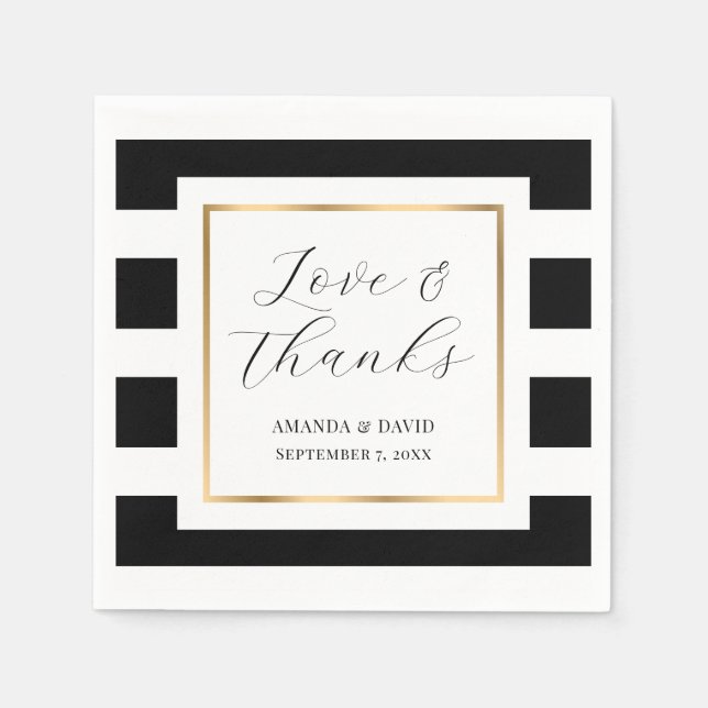 Serviette En Papier Élégant Mariage à rayures noir et or (Devant)