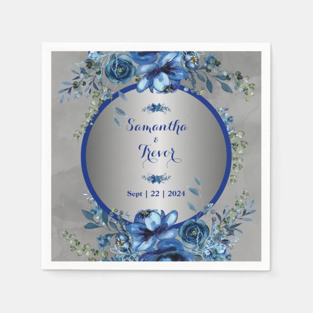 Serviette En Papier Élégant mariage aux fleurs d'argent (Devant)