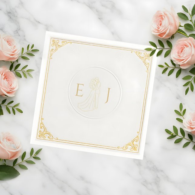 Serviette En Papier Élégant Mariage blanc avec initiales personnalisée (Créateur téléchargé)