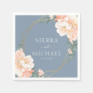 Serviette En Papier Élégant Mariage bleu bleu floral de pêche or