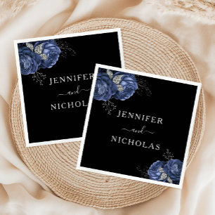 Serviette En Papier Élégant Mariage bleu floral noir