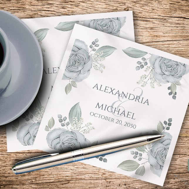 Serviette En Papier Elégant Mariage bleu Floral Personnalisé (Créateur téléchargé)