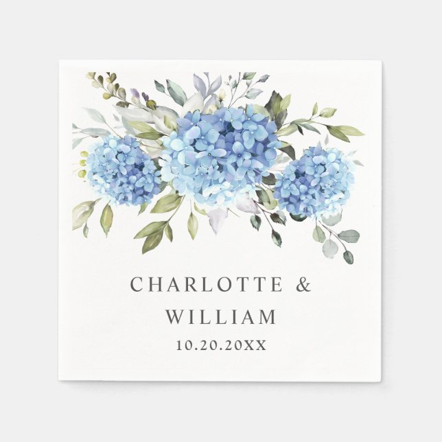 Serviette En Papier Élégant Mariage bleu Hydrangea Eucalyptus (Devant)
