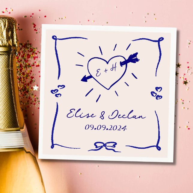 Serviette En Papier Elégant Mariage bleu rétro tiré à la main (Créateur téléchargé)