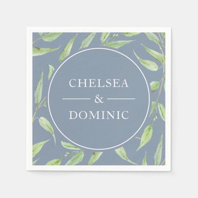 Serviette En Papier Elégant Mariage botanique bleu Dusty (Devant)
