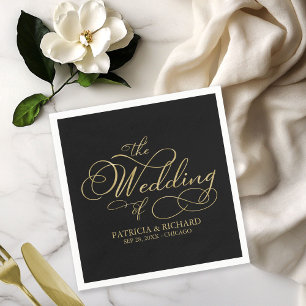 Serviette En Papier Élégant Mariage Calligraphie Or Noir Faux Feuille