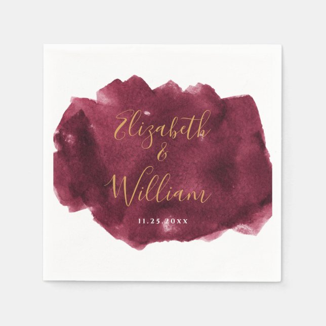 Serviette En Papier Elégant Mariage d'aquarelle Bourgogne et or Napk (Devant)