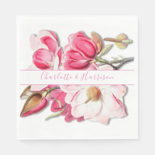 Serviette En Papier Elégant Mariage d'aquarelle rose florale Magnolia