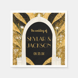 Serviette En Papier Elégant Mariage d'arcade Art déco noir et or
