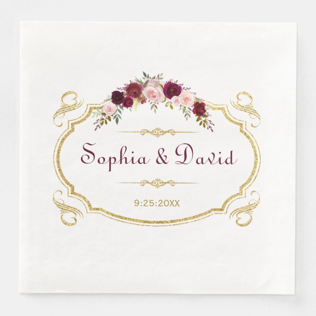 Serviette En Papier Élégant Mariage de automne floral de Bourgogne Mar (Devant)