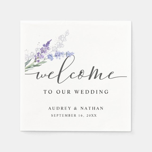 Serviette En Papier Élégant Mariage de bienvenue Lavender (Devant)