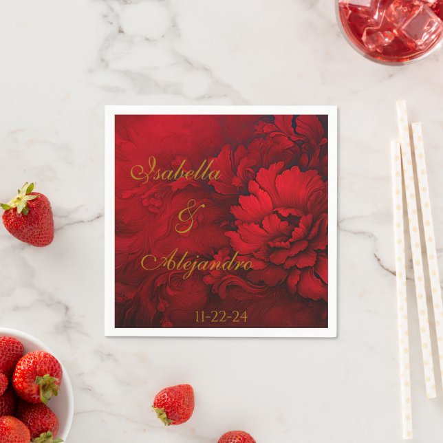 Serviette En Papier Élégant Mariage de Bourgogne et de Flore rouge (En situation)