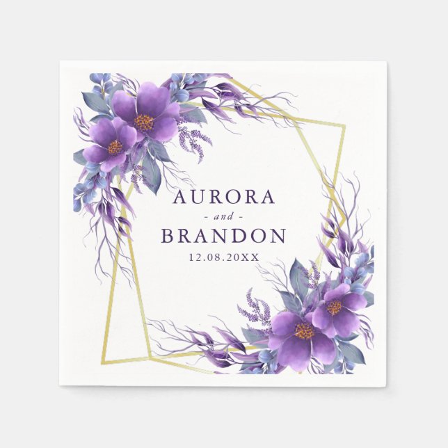 Serviette En Papier Élégant Mariage de cadre géométrique couleur viole (Devant)