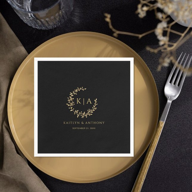 Serviette En Papier Élégant Mariage de couronne de monogramme noir et  (Créateur téléchargé)
