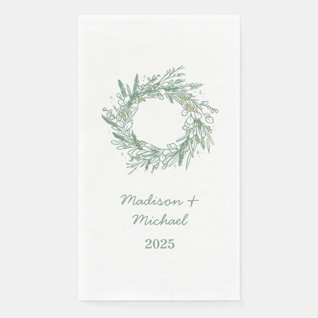 Serviette En Papier Élégant Mariage de couronne végétale d'hiver vert (Devant)