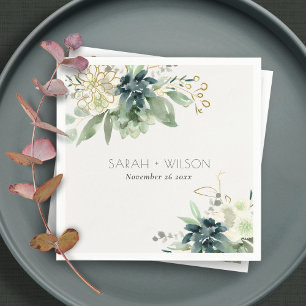 Serviette En Papier Élégant Mariage de feuillage gris bleu bleu brilla