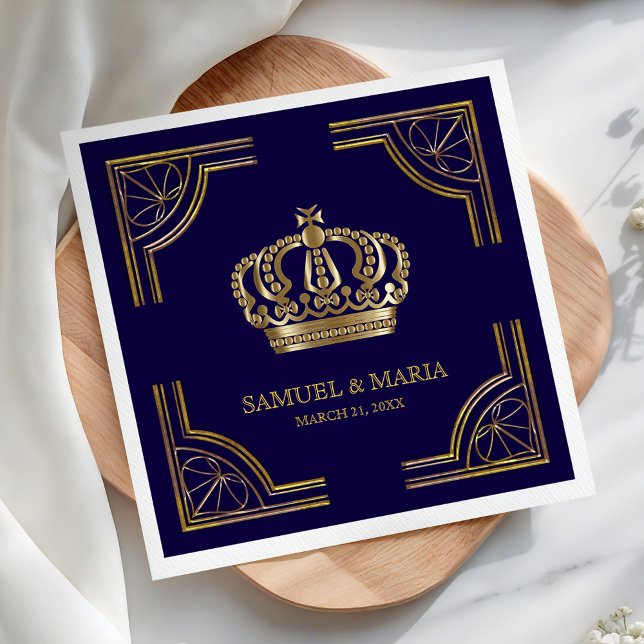 Serviette En Papier Élégant Mariage de la Couronne Ornate Blue Gold (Créateur téléchargé)