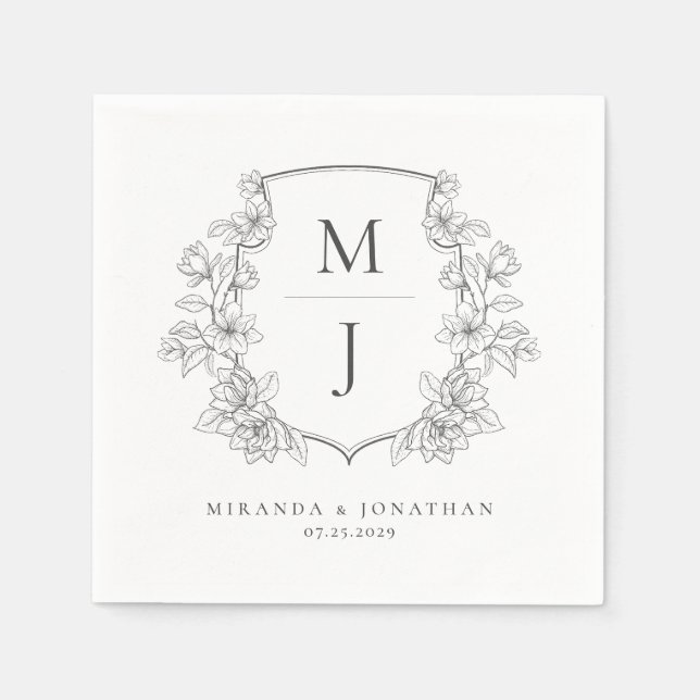 Serviette En Papier Élégant Mariage de monogramme de crête botanique (Devant)