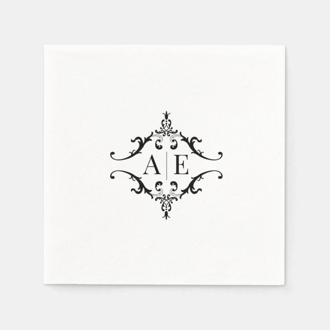 Serviette En Papier Élégant Mariage de monogramme noir et blanc (Devant)