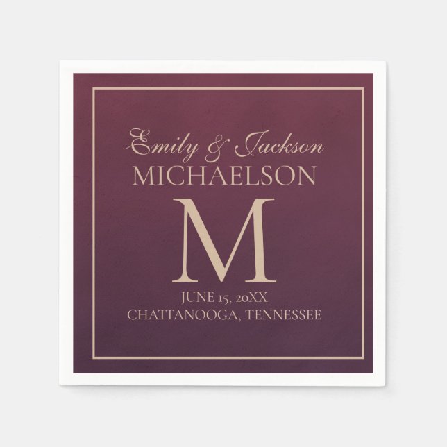 Serviette En Papier Élégant Mariage de Monogramme Or Bourgogne (Devant)