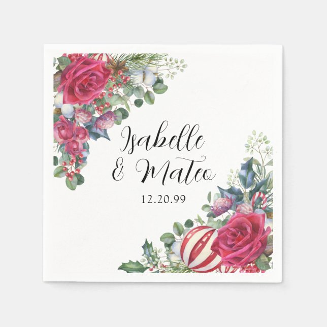Serviette En Papier Élégant Mariage de Noël Floral Rose Rouge (Devant)