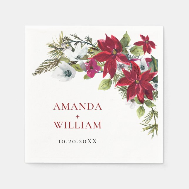 Serviette En Papier Élégant Mariage de Noël Rouge Poinsettia (Devant)