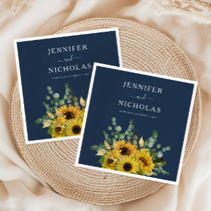 Serviette En Papier Élégant Mariage de tournesol floral bleu marine
