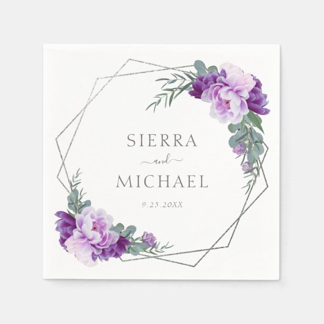 Serviette En Papier Elégant Mariage d'Eucalyptus Floral Argent & Viole (Devant)