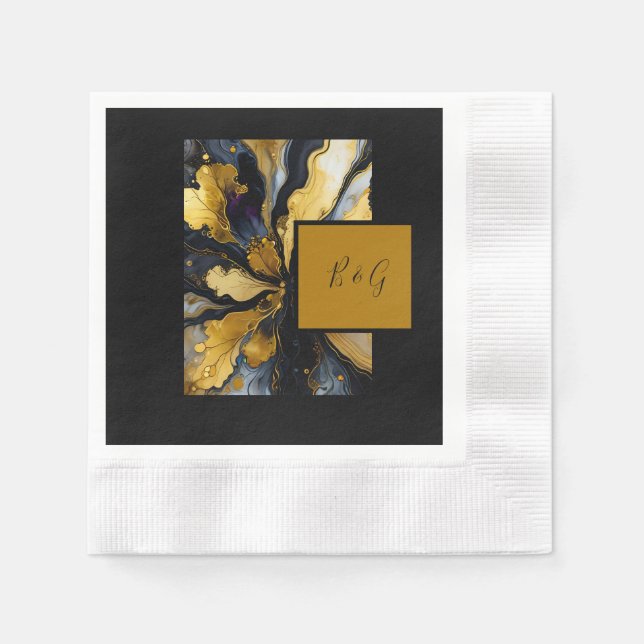 Serviette En Papier élégant mariage en marbre noir (Devant)