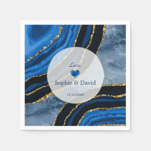 Serviette En Papier Élégant Mariage en marbre or marbré bleu marine