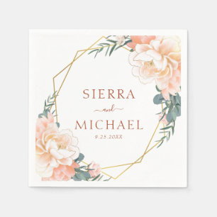 Serviette En Papier Élégant Mariage en terracotta or de Pêche Florale