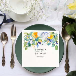 Serviette En Papier Élégant mariage fleuri jaune blanc