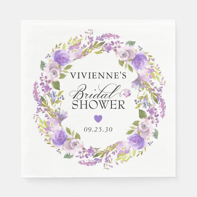 Serviette En Papier Élégant Mariage Fleurie Blanc Violet (Devant)