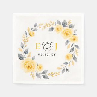 Serviette En Papier Élégant mariage floral aquarelle jaune gris