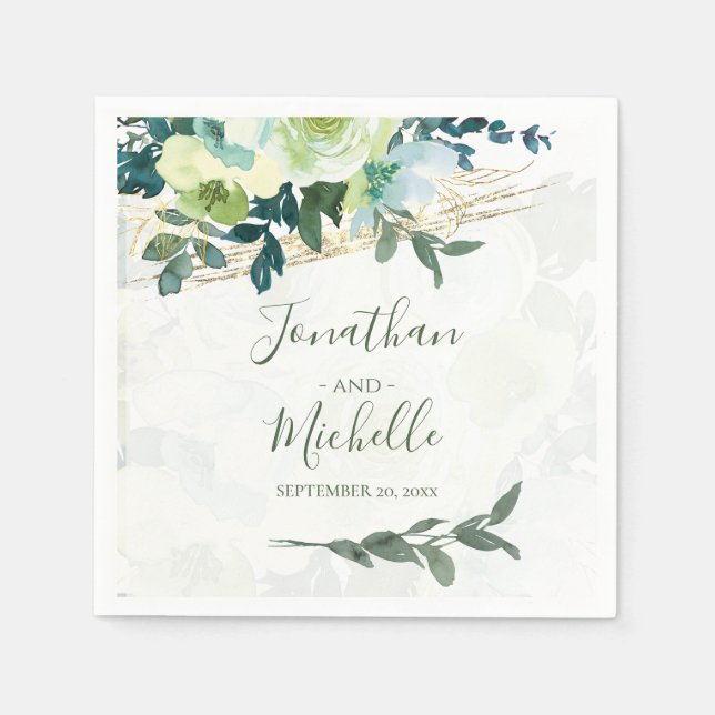 Serviette En Papier Élégant Mariage floral bleu ivoire turquoise (Devant)