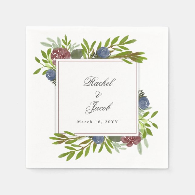 Serviette En Papier Élégant mariage floral bleu marine bordeaux (Devant)