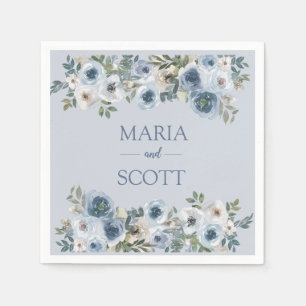 Serviette En Papier Élégant mariage floral bleu poussiéreux et gris
