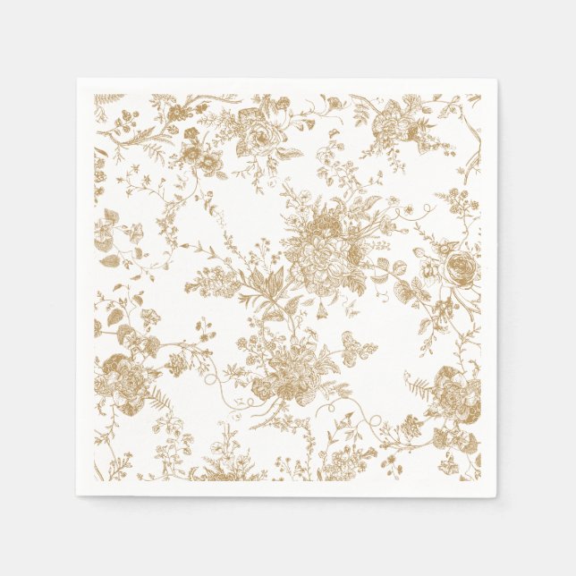 Serviette En Papier Élégant Mariage Floral Botanique Or Français Toile (Devant)