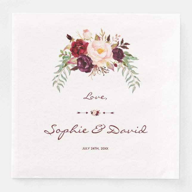 Serviette En Papier Élégant Mariage floral de la marsala rouge bordeau (Devant)