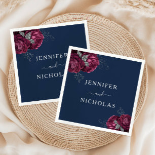 Serviette En Papier Élégant Mariage Floral Navy Blue Burgundy Peonies