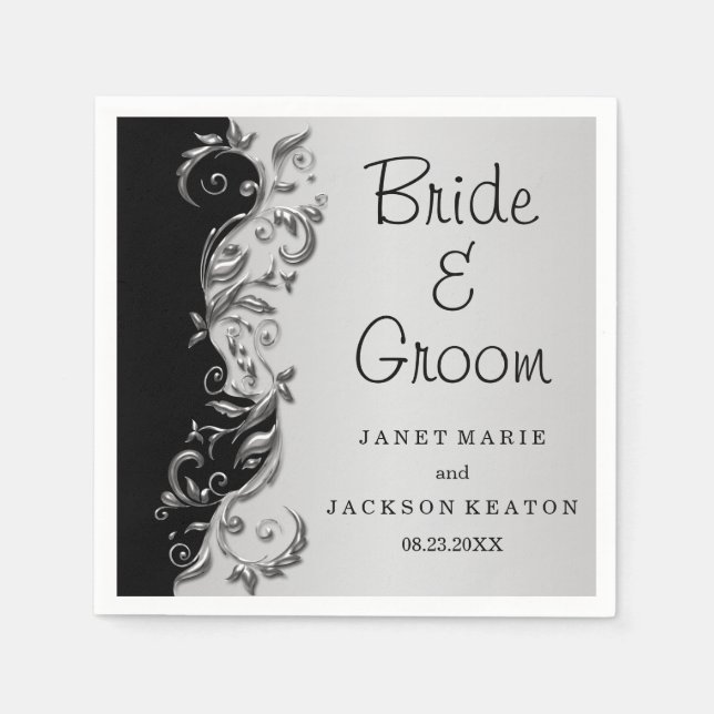 Serviette En Papier Élégant Mariage floral noir et argent (Devant)