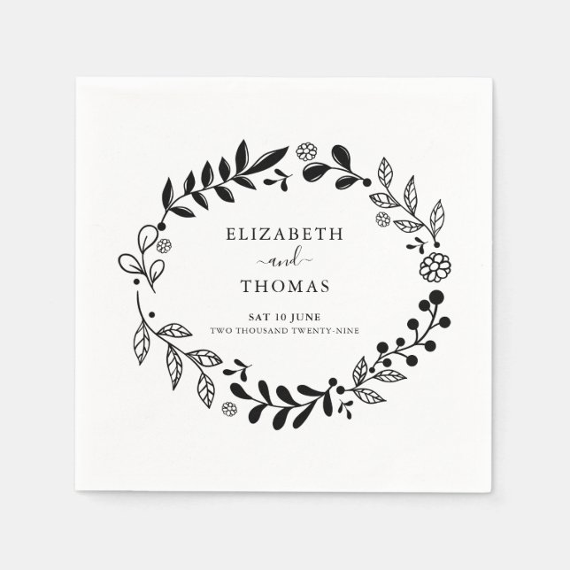 Serviette En Papier Élégant Mariage Floral noir et blanc (Devant)