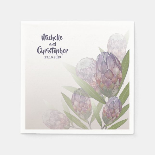 Serviette En Papier Élégant Mariage floral Protea violet beige (Devant)