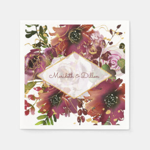 Serviette En Papier Élégant Mariage floral rose rose Burgundy Or