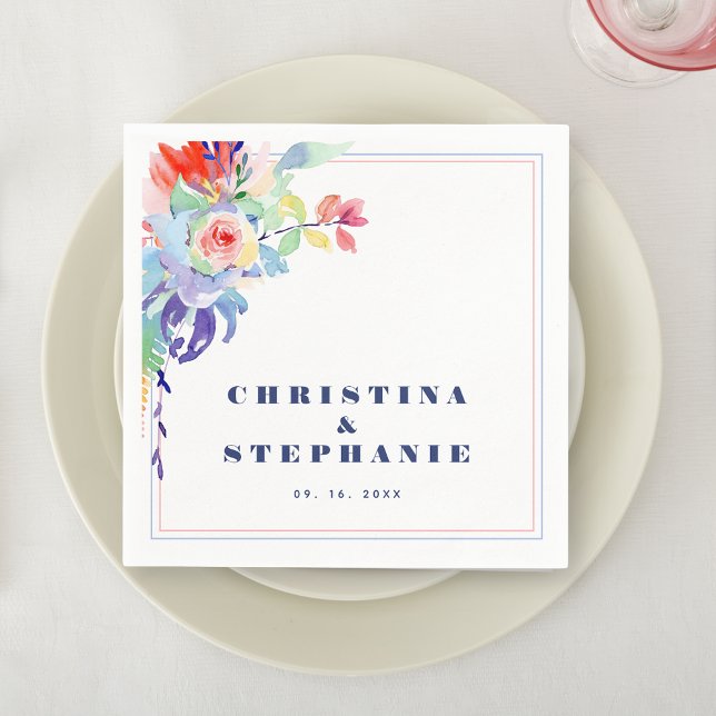 Serviette En Papier Élégant Mariage LGBTQ Floral Arc-en-ciel (Créateur téléchargé)