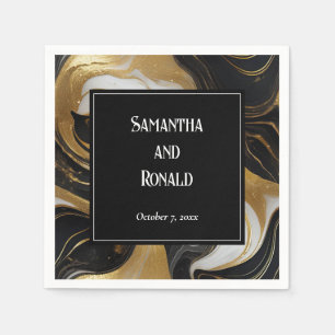 Serviette En Papier Elégant Mariage marbré Faux Gold, noir et blanc
